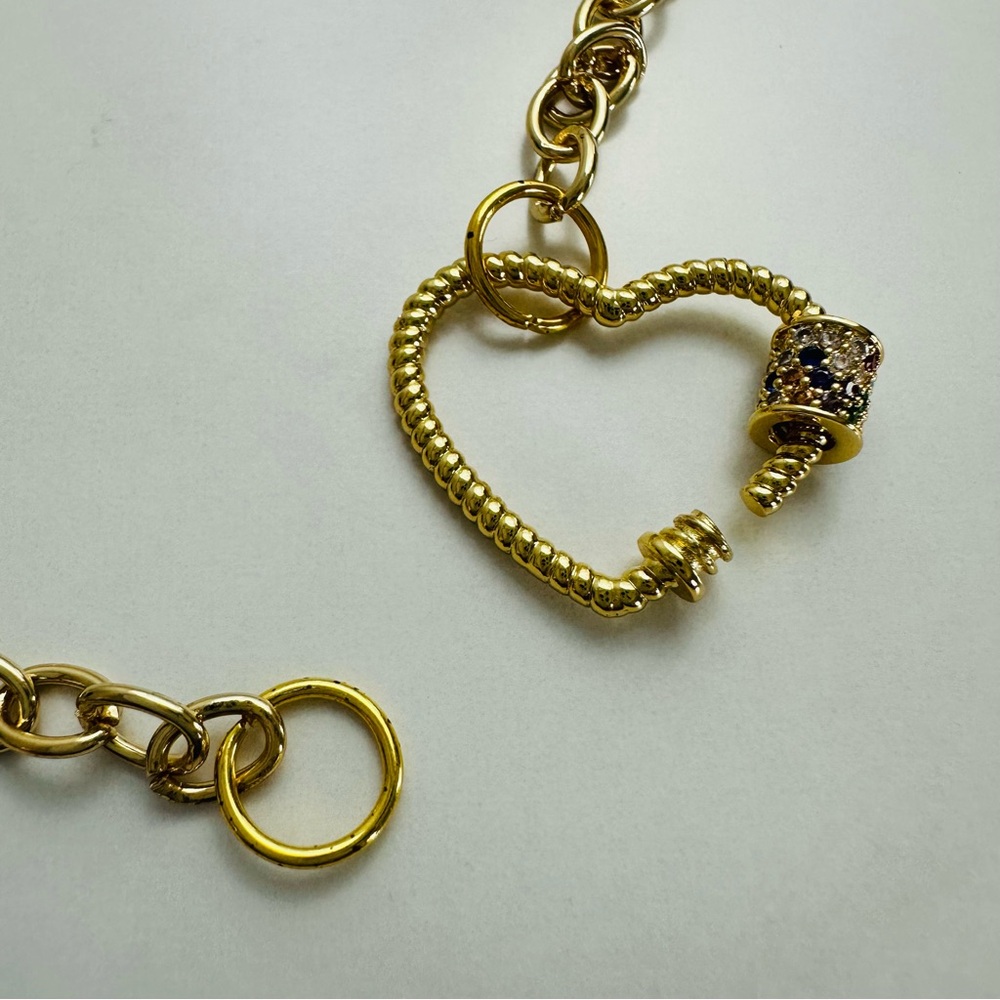 Handmade Gold-Tone Chain Choker with Pavé Heart Carabiner Clasp - Picture 10 of 13